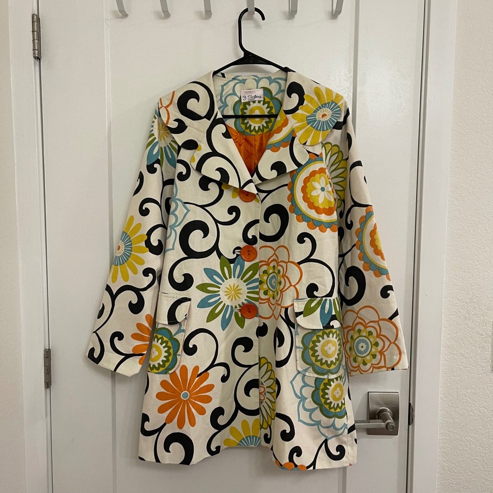 3 Sisters Orange Floral Trench Coat Chic Retro 70s Style Hippie Groovy